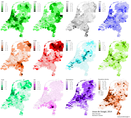 % vote for major parties, turnout and population density by municipality in the Netherlands (source: Josse de Voogd)